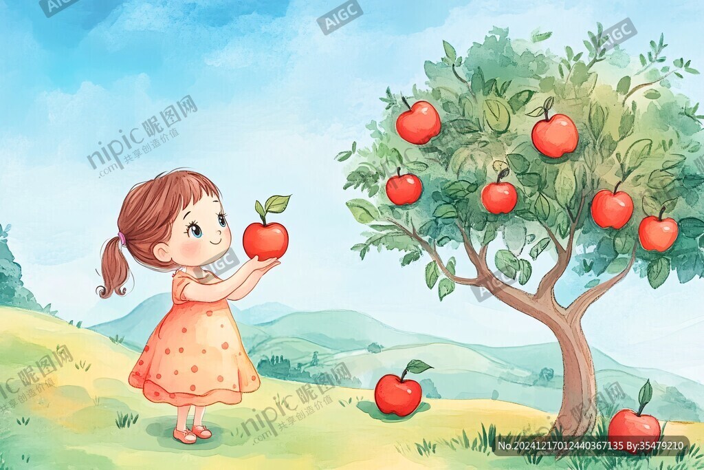 小女孩摘苹果插画