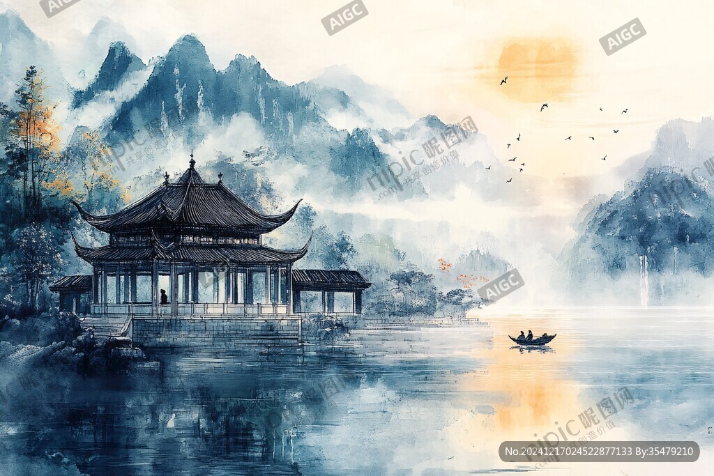 楼阁山水意境画