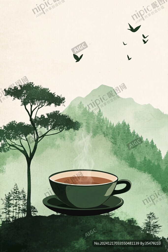 山水画茶树茶杯茶园