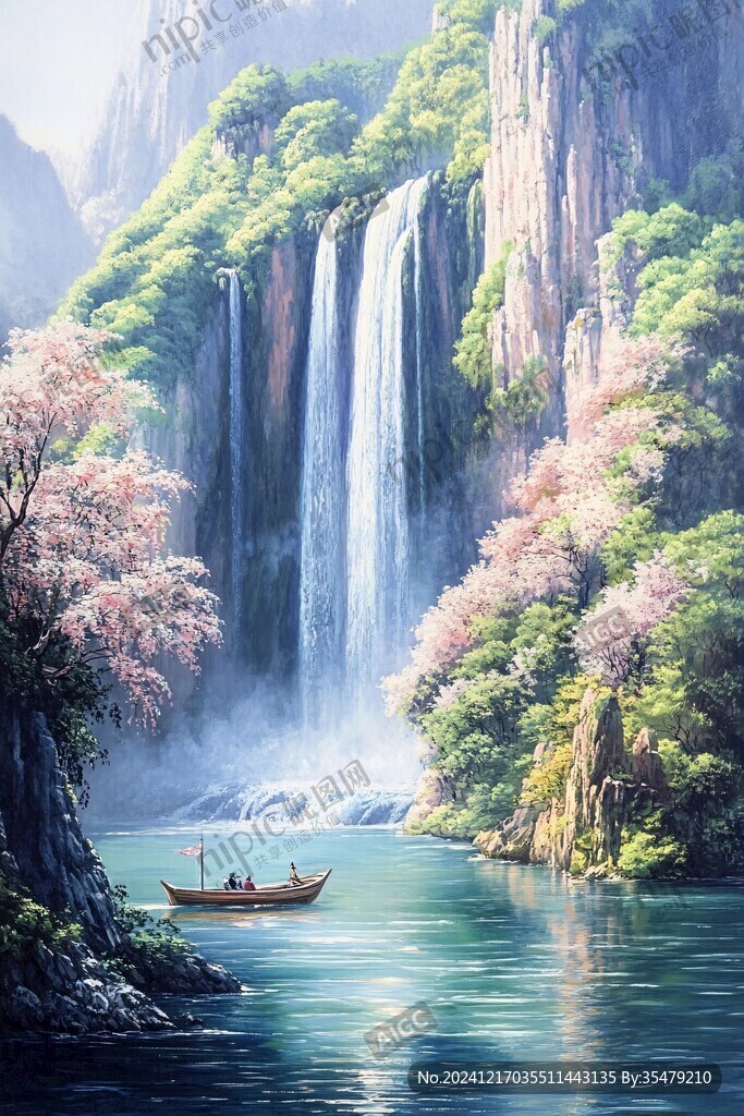 山水风景油画瀑布