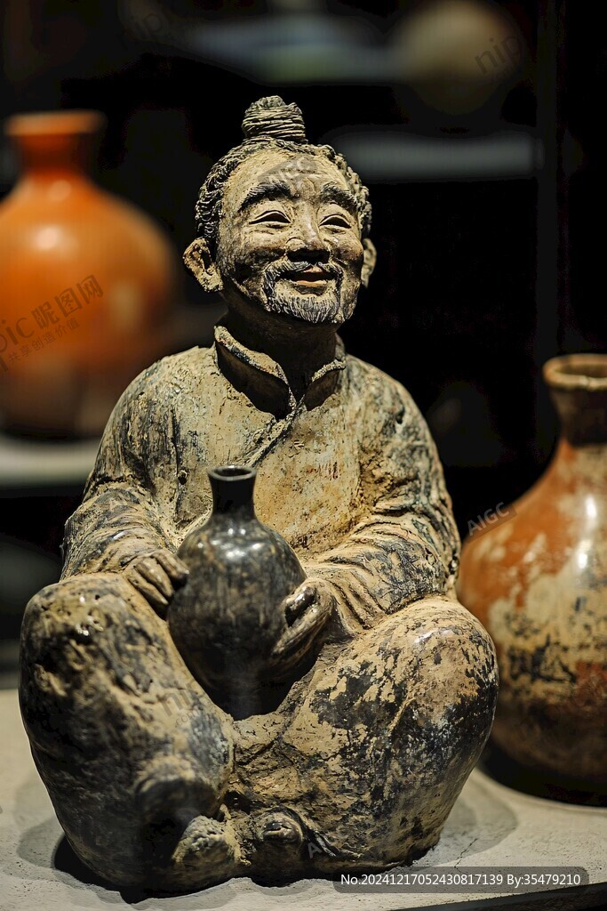 黄釉胡人抱瓶俑