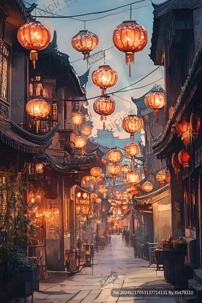 古镇夜景复古灯笼