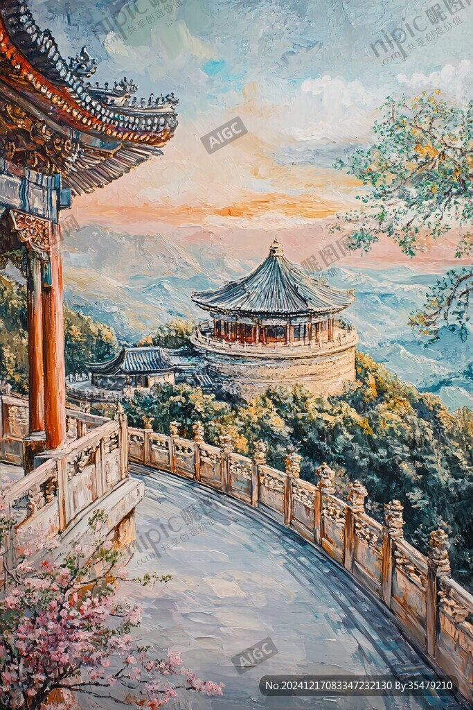 古风亭台楼阁油画