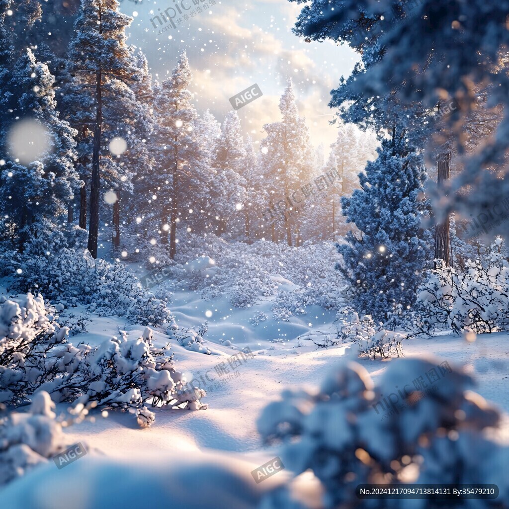 冬天森林夕阳雪景