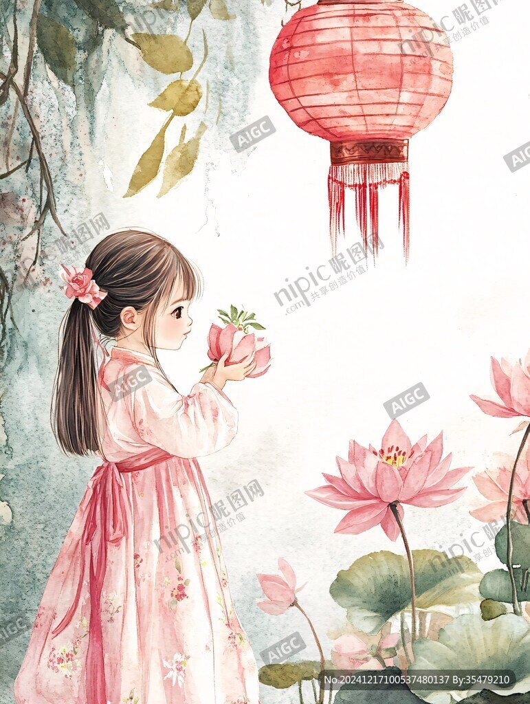 手绘荷花女孩