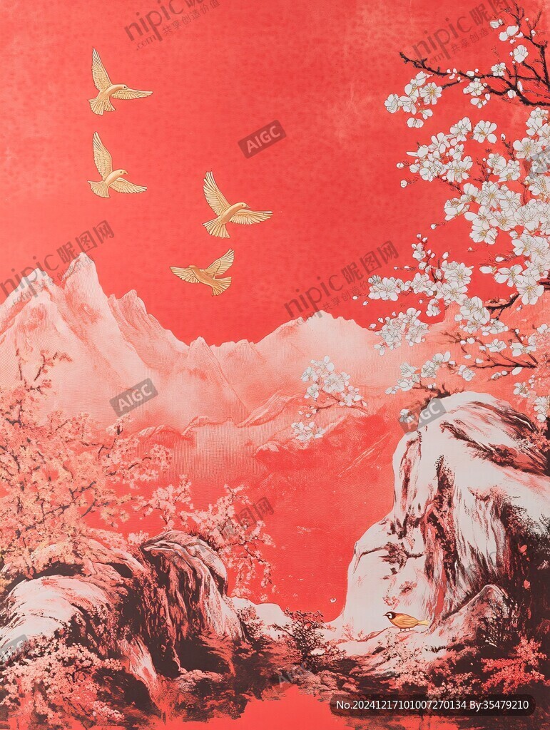 工笔红梅山水画