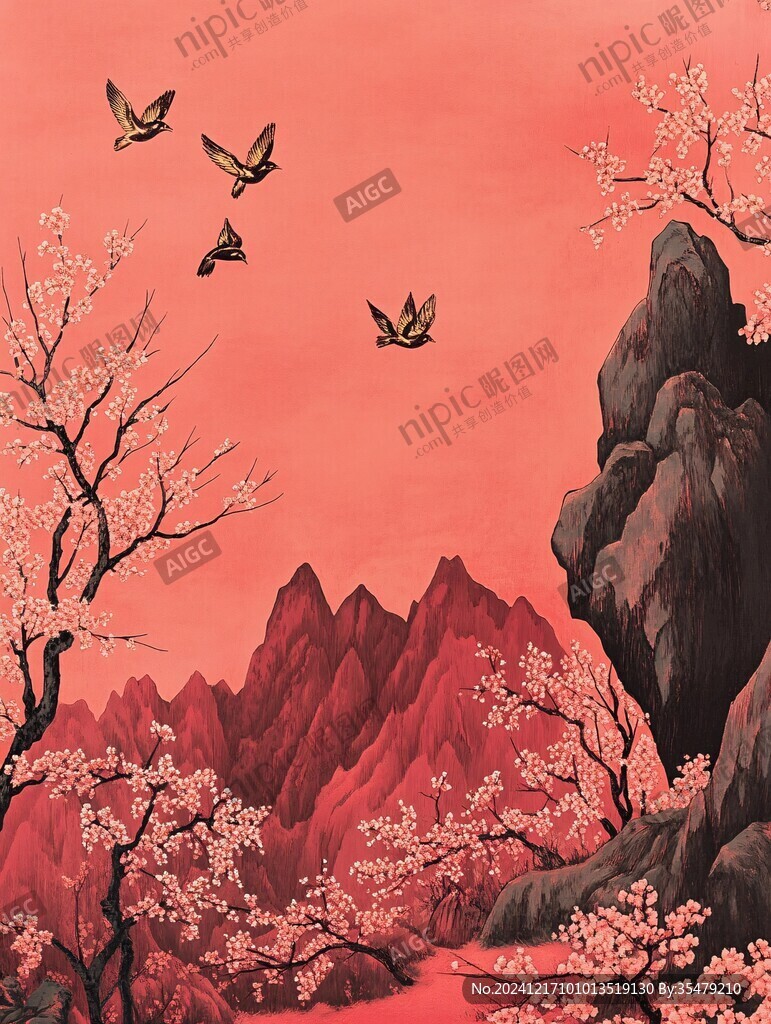 工笔红梅山水画