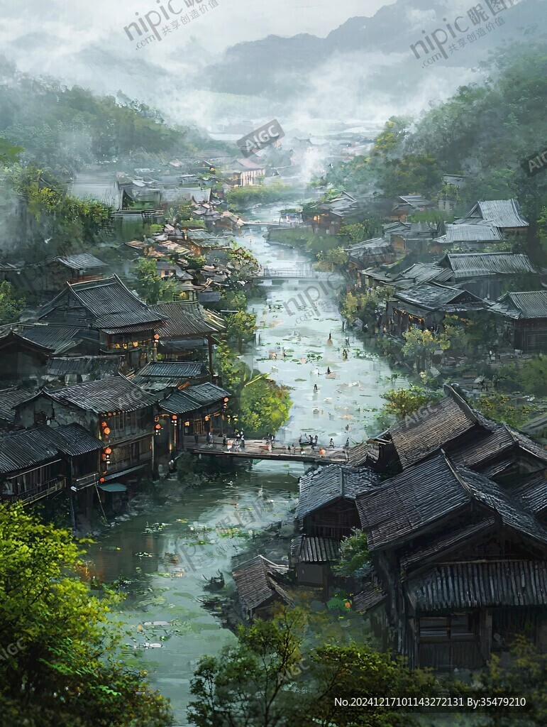 烟雨江南古风山水插画