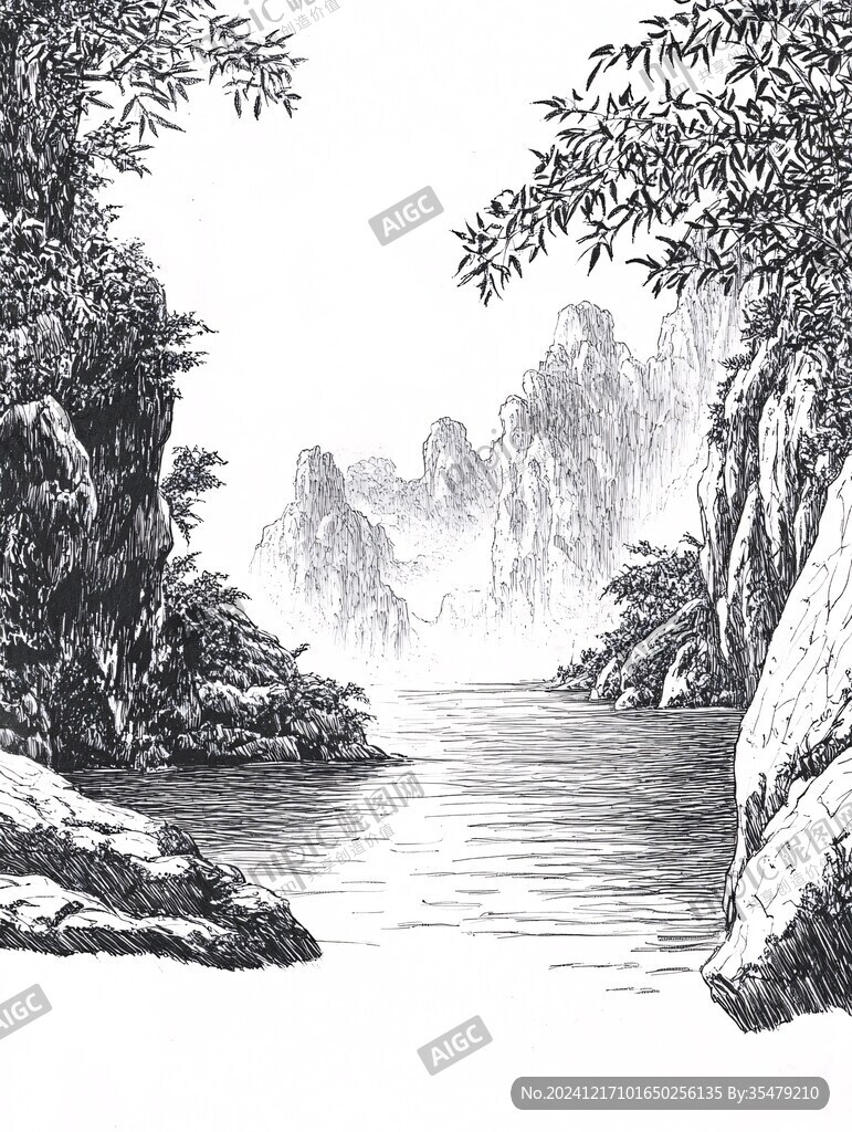 手绘白描山水