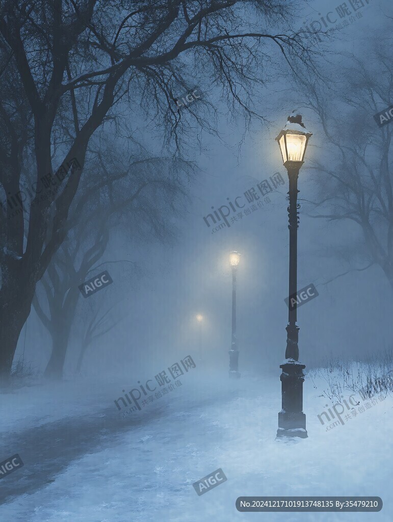 雪中幽暗的街灯