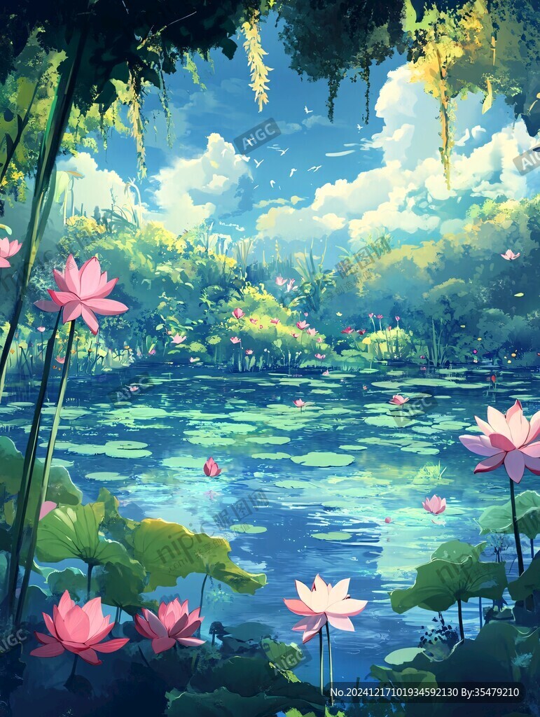 荷花池插画