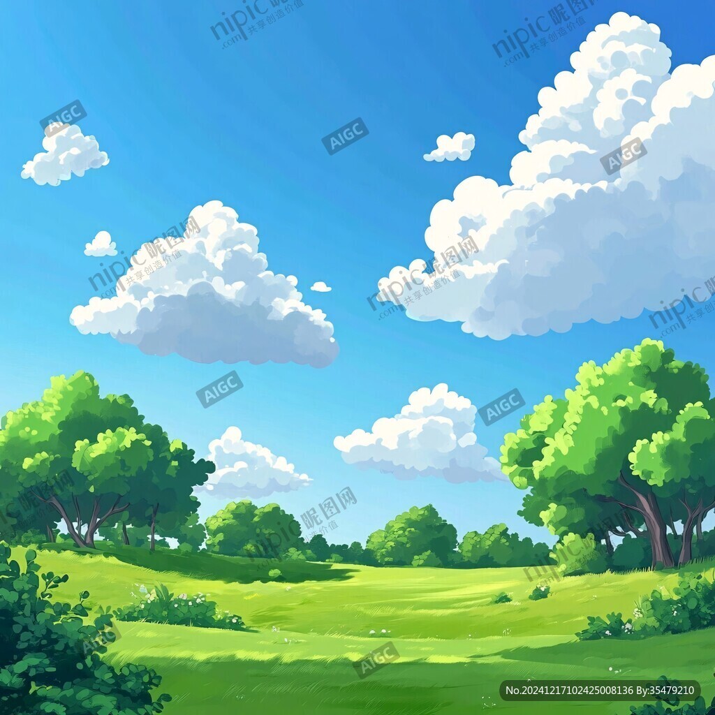 蓝天白云草地树木
