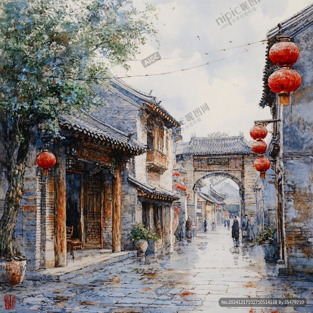 油画古街巷