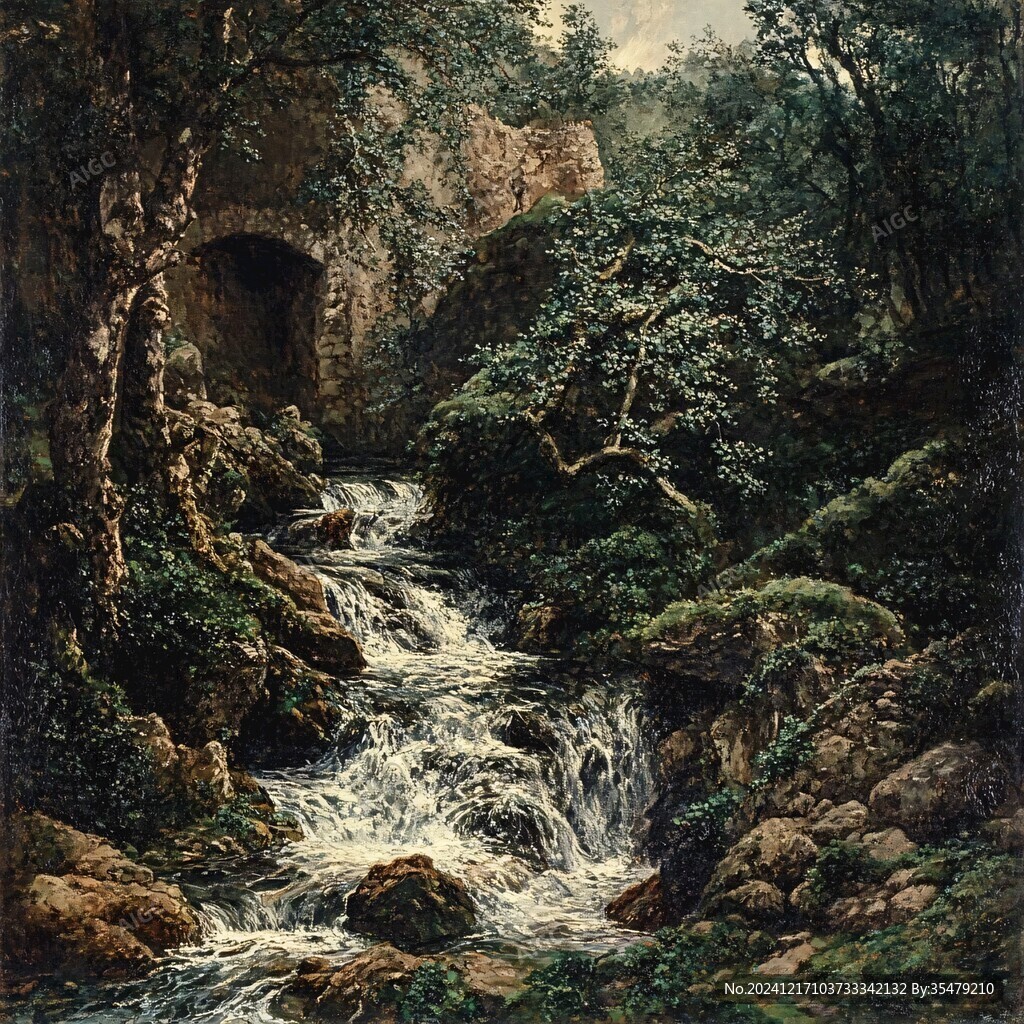 山水风景油画瀑布
