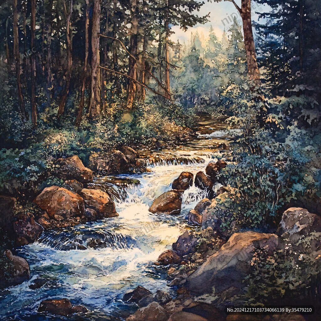 森林小溪油画
