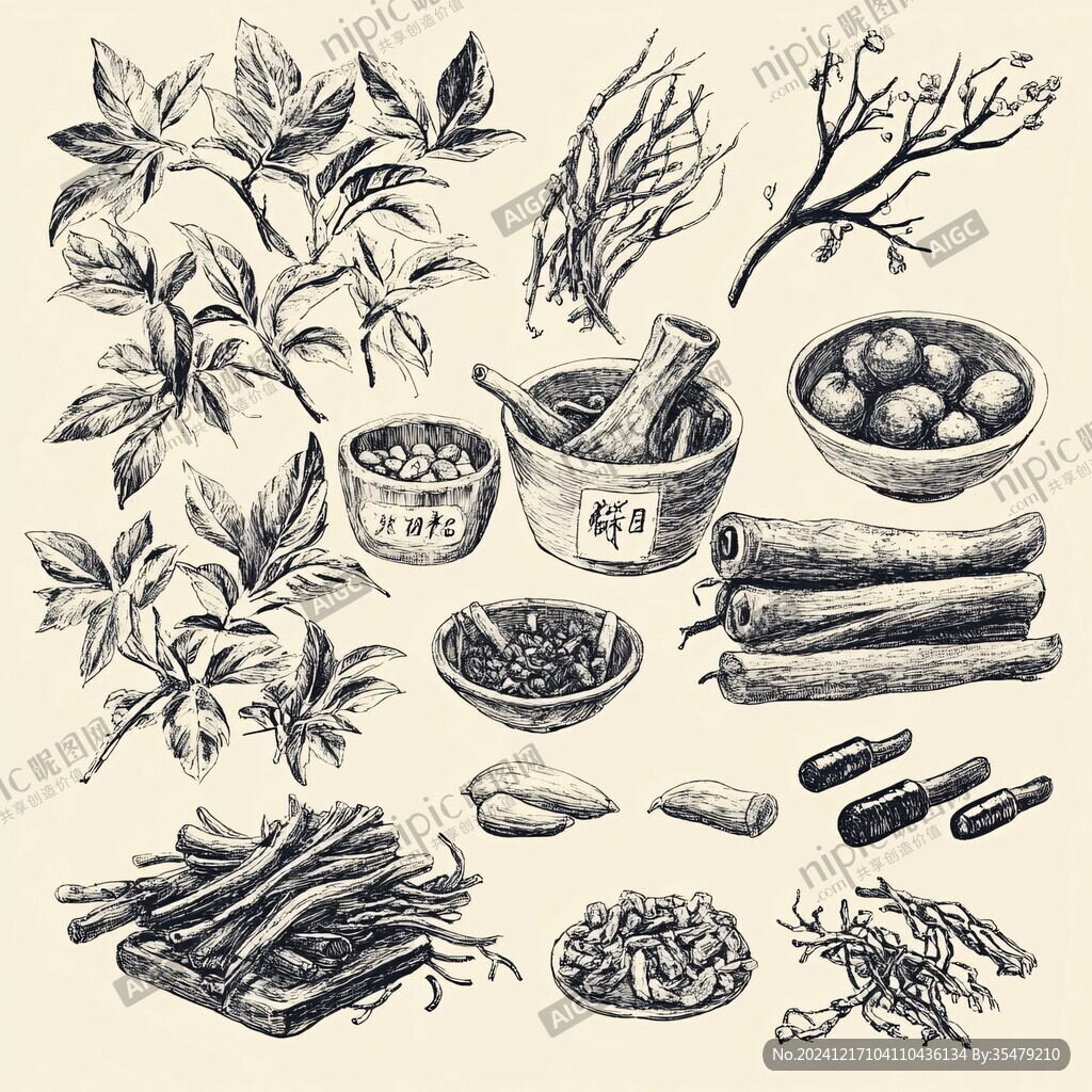 复古手绘中药材
