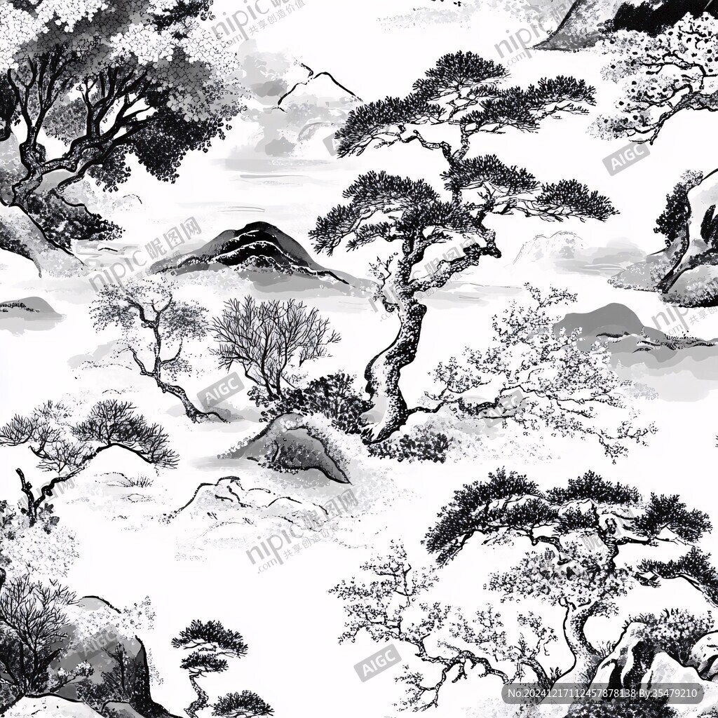 迎客松软膜天花水墨画