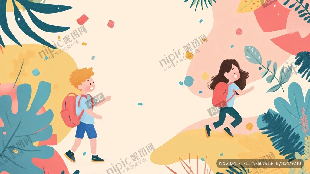 开学季儿童去学校插画