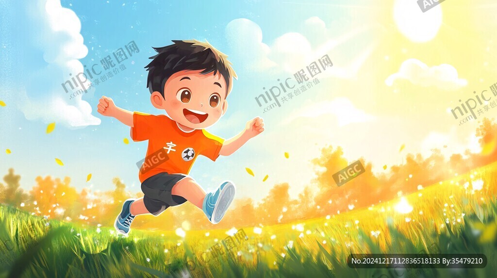 草地奔跑的少年插画
