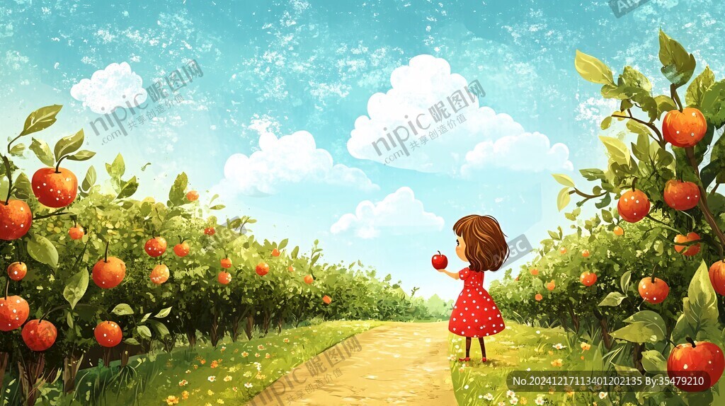 小女孩摘苹果插画