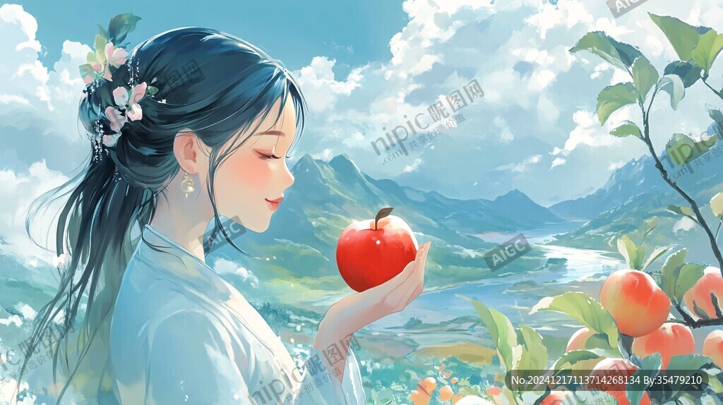 苹果水果插画女孩