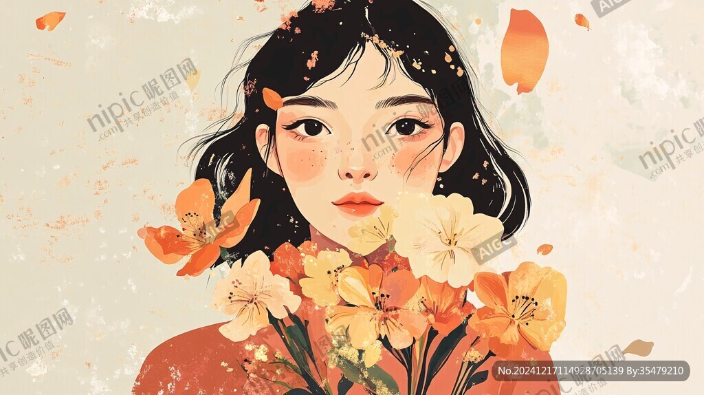 少女与花插画