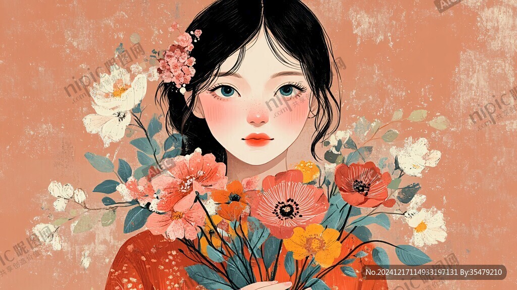 女孩捧花微笑插画