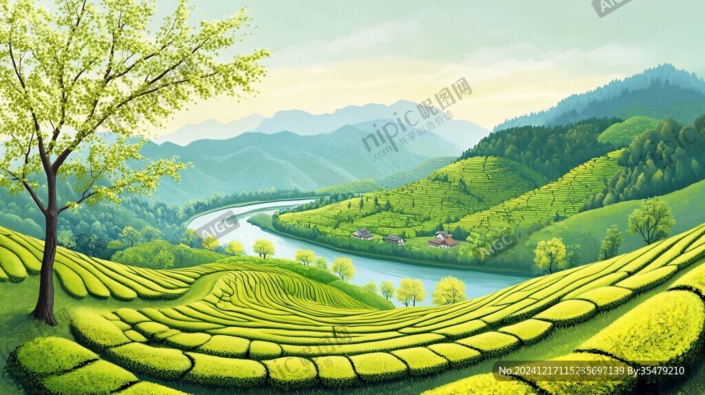 茶园风光插画
