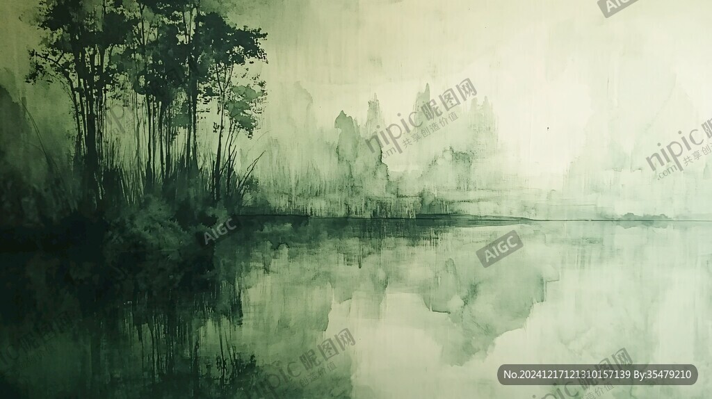 山水风光禅意水彩画