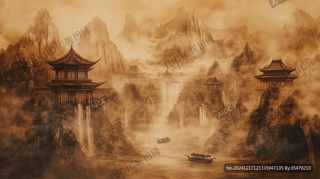 淡雅金色烟雾山水