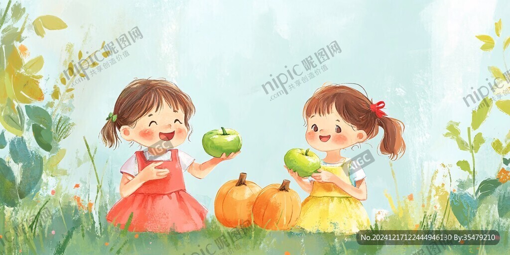 小女孩摘苹果插画
