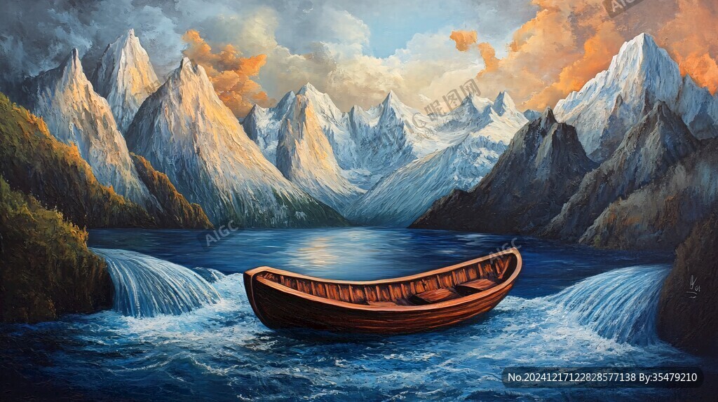 山峰渔船群山油画壁画