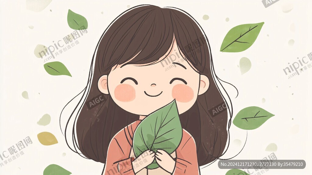 插画绿叶女孩