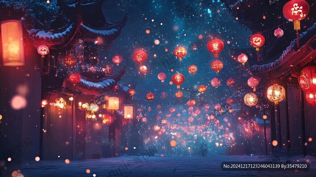 飘雪雪花雪景灯笼