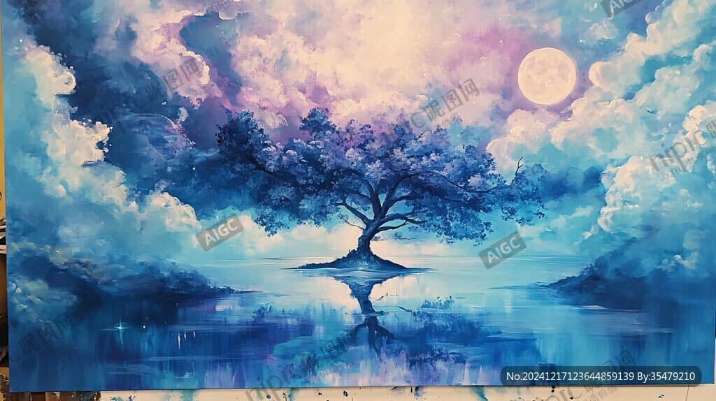 手绘湖水梦幻背景壁画