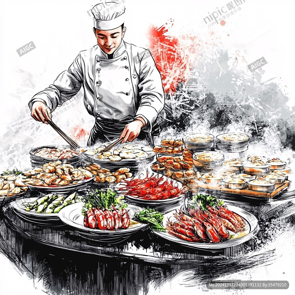 复古餐饮美食人物画