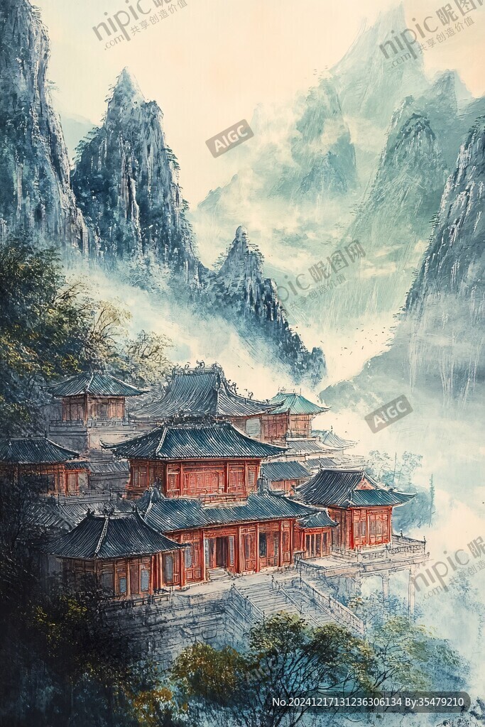 古风亭台楼阁油画