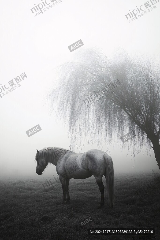 晨雾马影