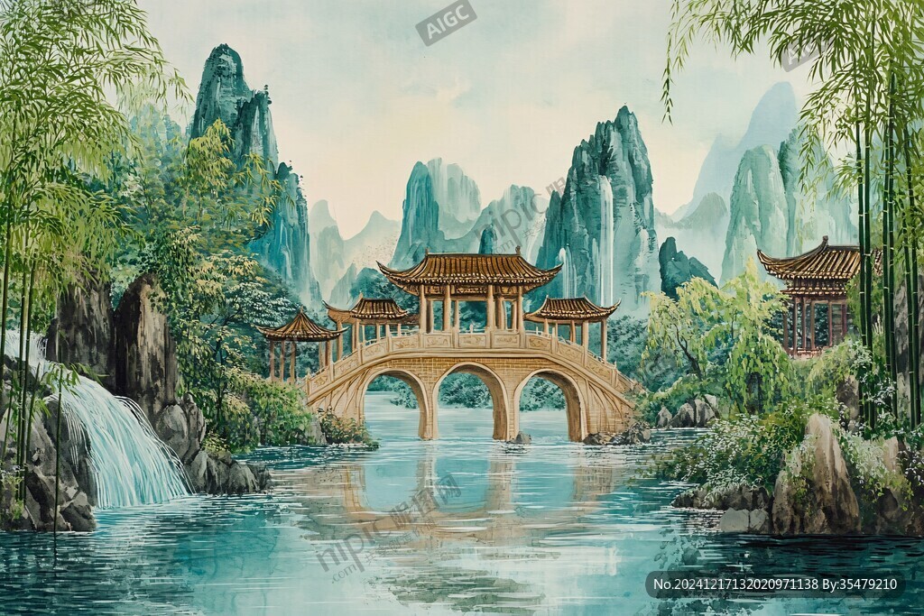横店地标建筑山水画