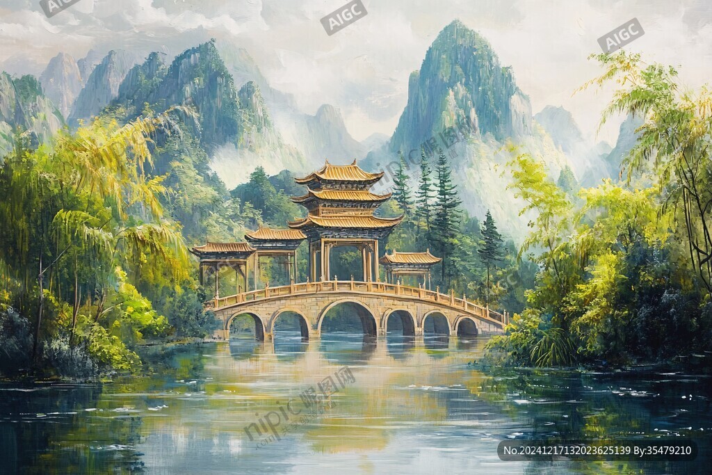 古风亭台楼阁油画