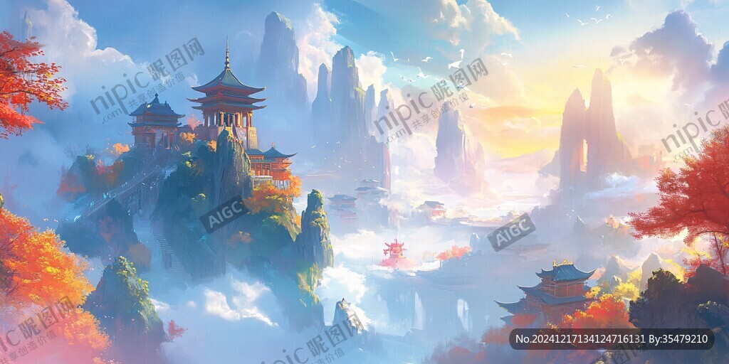 天界晓钟风景插画