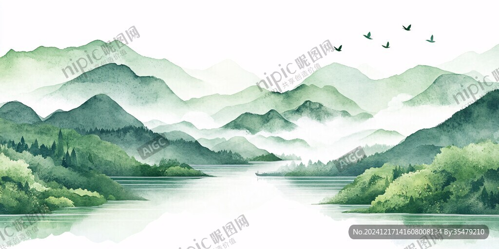 绿色清爽山水画