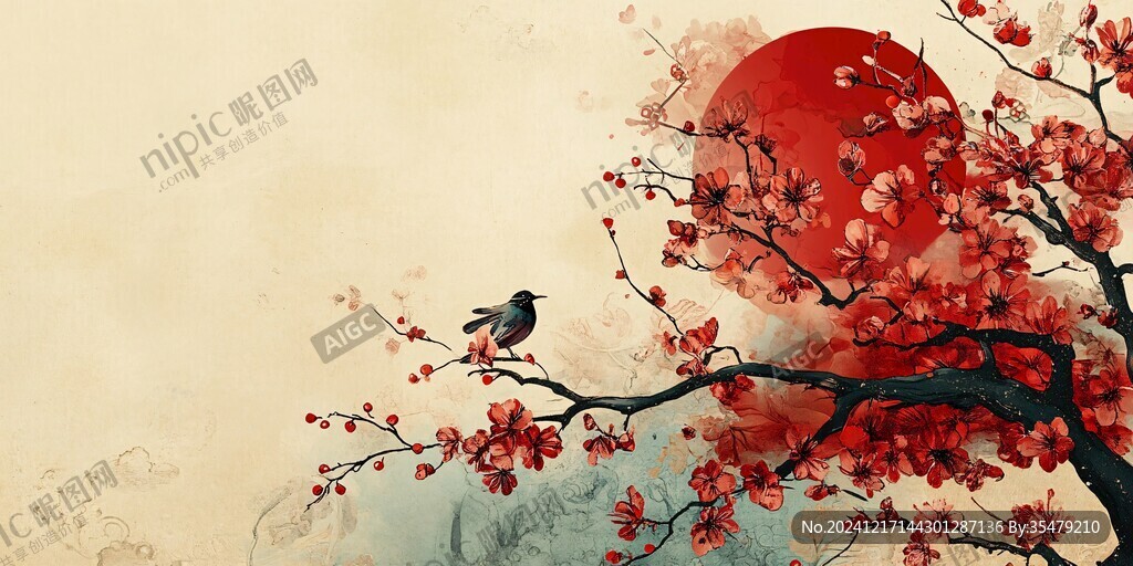 新中式手绘红色花鸟