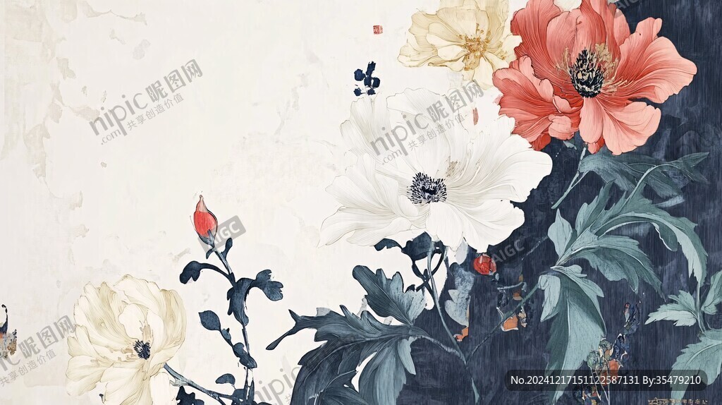 手绘牡丹花鸟壁画
