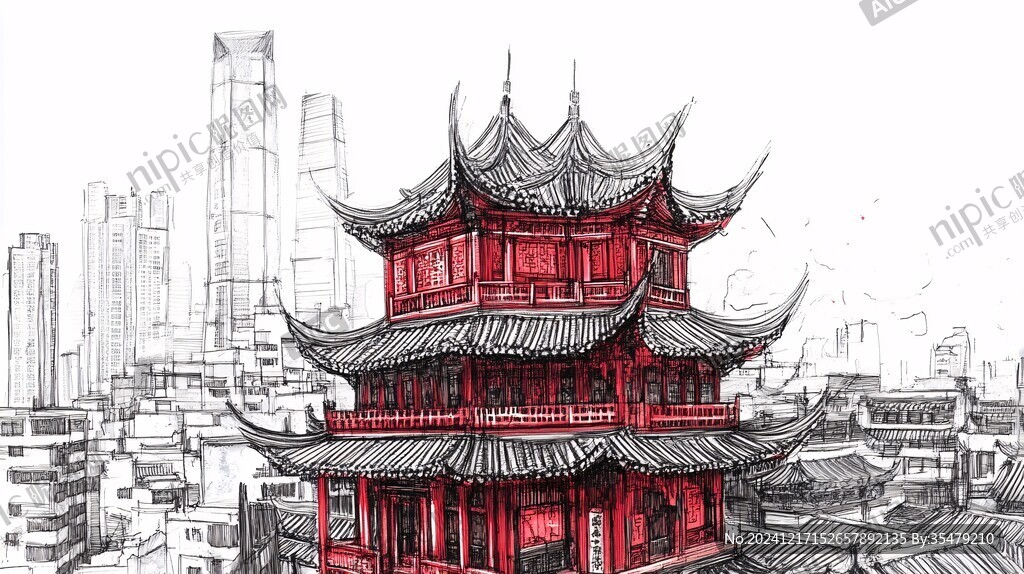 中式建筑钢笔插画