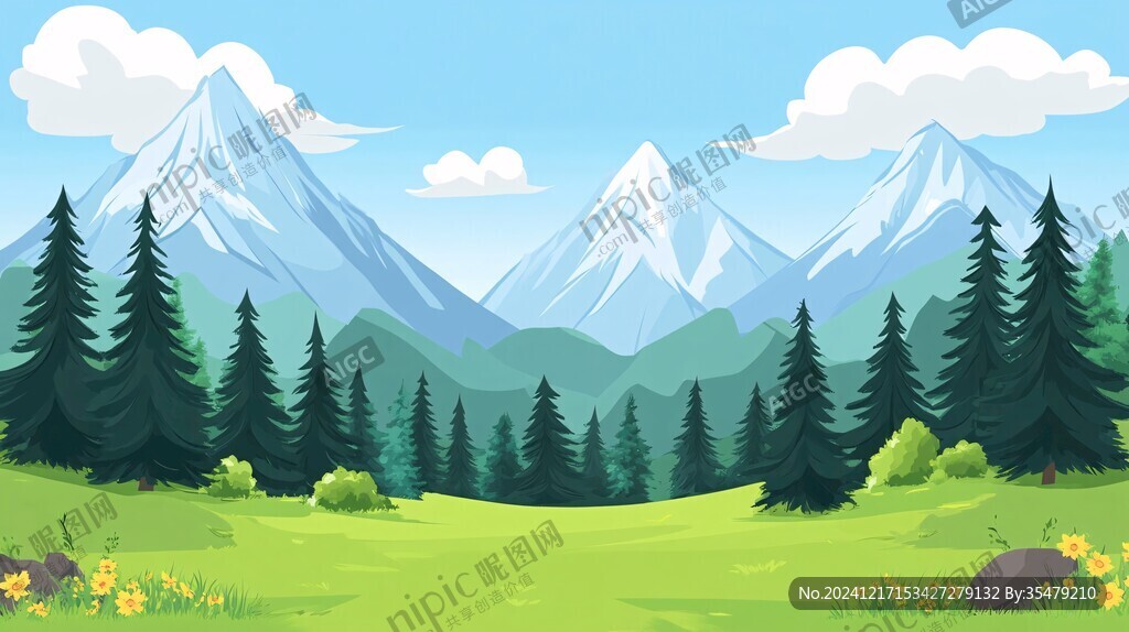 卡通绿色山景