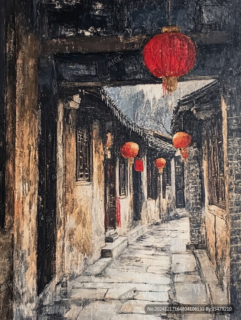 水粉画古街巷