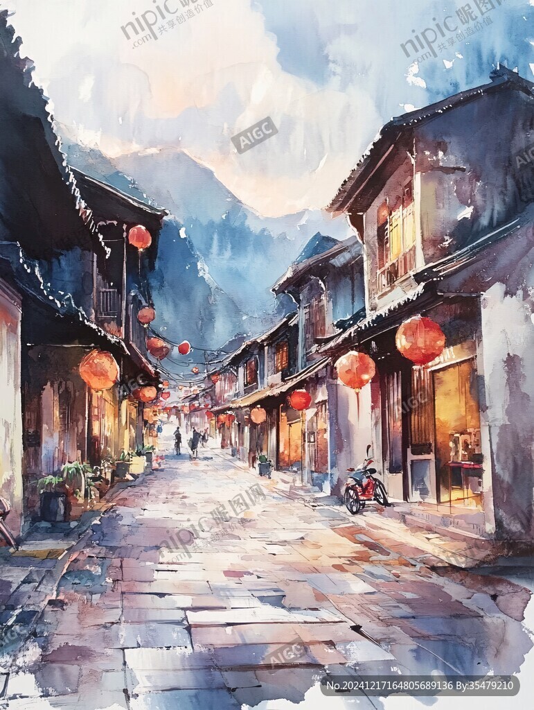 古街水彩画