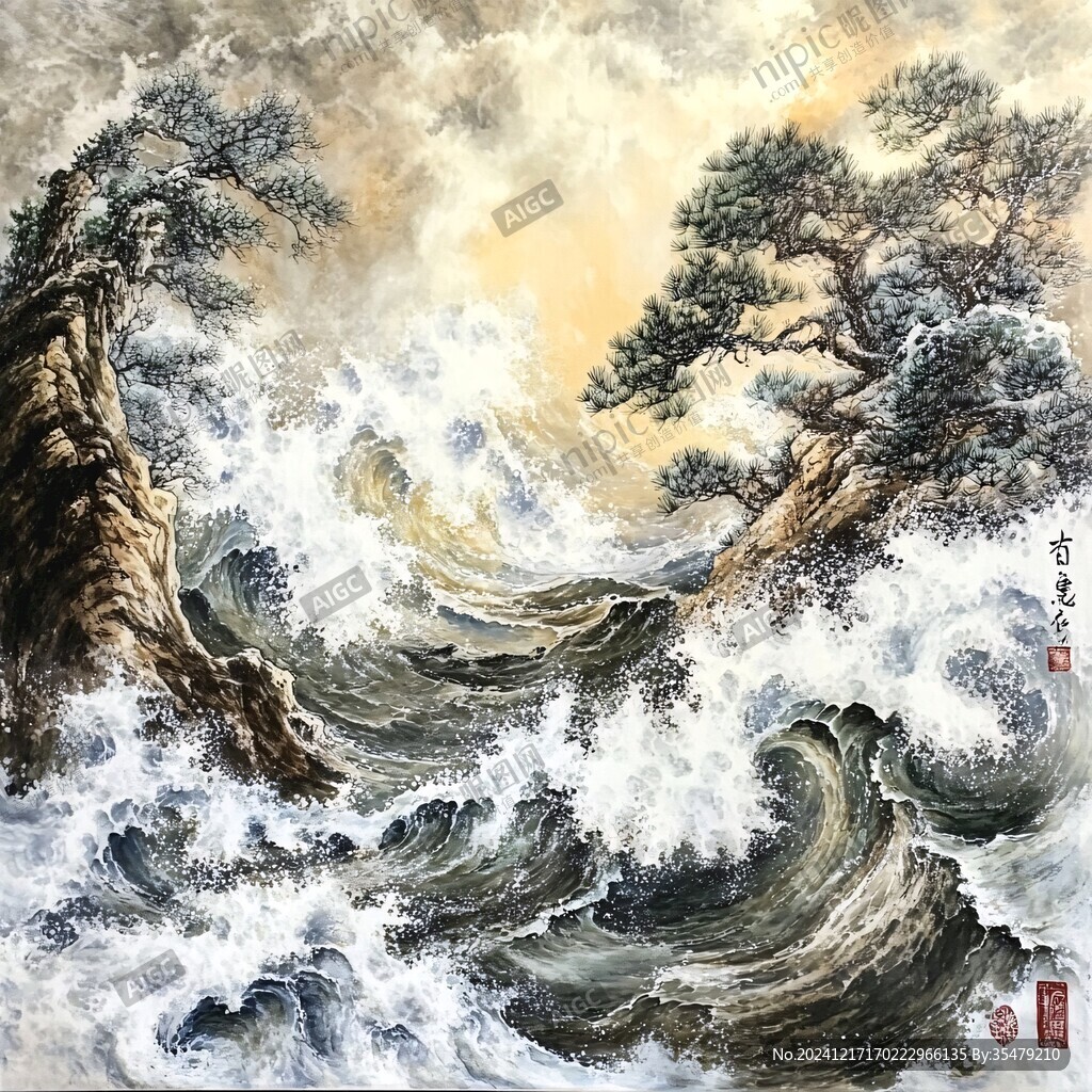 海浪仙鹤松树