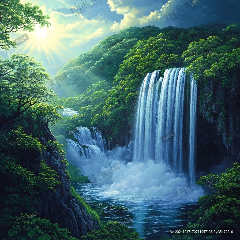 山水风景油画瀑布